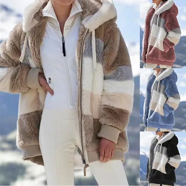 Женская куртка с капюшоном теплая плюшевая свободная куртка для женщин пэчворк зимняя верхняя одежда искусственный мех молния дамы Parka пальто 9 цвет S-5XL куртка