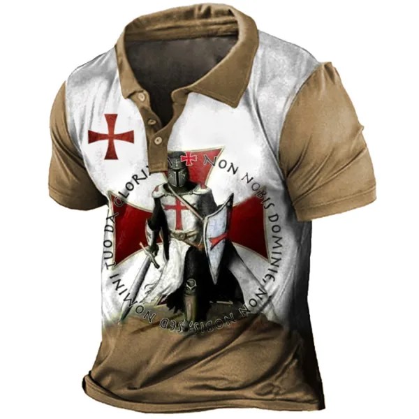 Мужская винтажная футболка с принтом Templar Cross Henley Collar