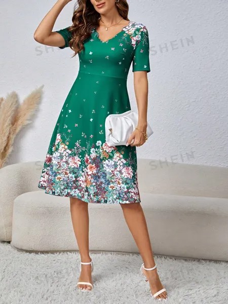 SHEIN Clasi Женское платье миди с v-образным вырезом и короткими рукавами с цветочным принтом, зеленый