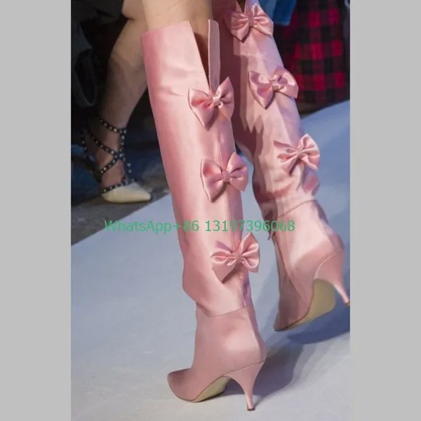 Сапоги женские на каблуке с бантом, Элегантные дизайнерские ботфорты с заостренным носком, атласные однотонные сапоги с вырезами, большие размеры