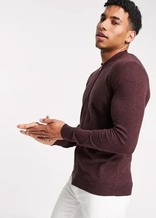 Бордовый трикотажный кардиган на сквозной молнии с длинными рукавами Topman-Красный