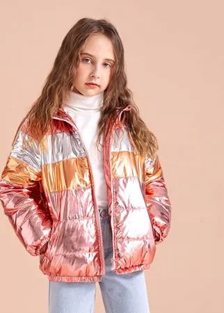 Для девочек Утепленная куртка контрастный на молнии с капюшоном металлический