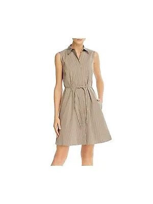 THEORY Женское коричневое короткое платье-рубашка в тонкую полоску с поясом и воротником без рукавов 6