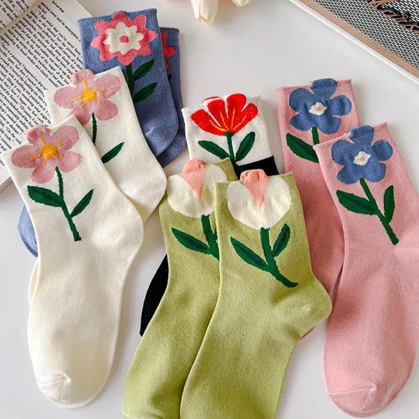 1 Пара Женщины Носки Японский Корейский Стиль Мультяшный Цветок Конфеты Харадзюку Кавайи Средняя труба Носки Дышащие Повседневные Короткие Носки