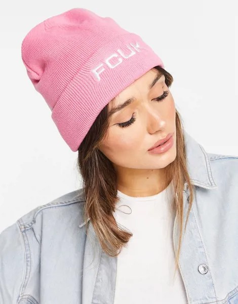 Розовая шапка-бини с маленьким логотипом FCUK-Розовый цвет