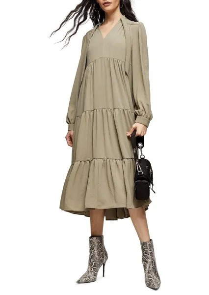 NWD TOPSHOP Оливковое многоярусное платье миди Chuckon с завязками и длинными рукавами 6US 10UK 38EUR