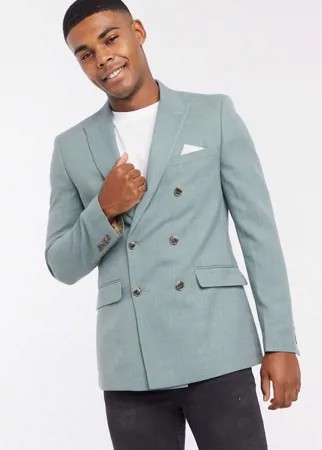 Шалфейно-зеленый двубортный пиджак приталенного кроя Burton Menswear-Зеленый цвет