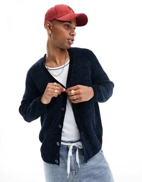 Темно-синий свободный вязаный кардиган из синели ASOS DESIGN