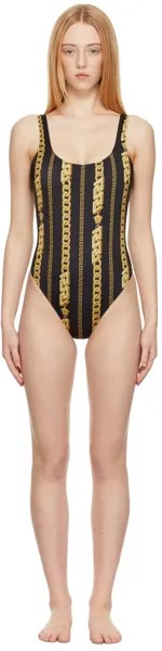 Черно-золотой цельный купальник в полоску с цепочками Versace Underwear