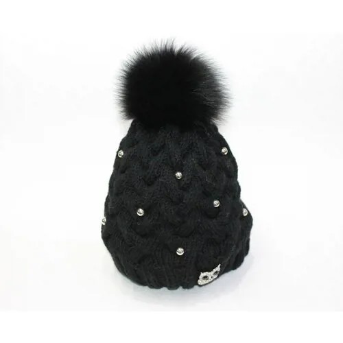 Шапка шлем , демисезон/зима, шерсть, с помпоном, подкладка, вязаная, размер 54 - 56, черный