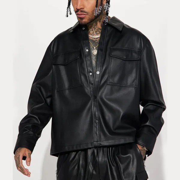 Мужская куртка из искусственной кожи с карманами на каждый день черная