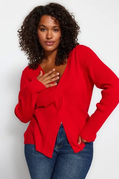 Красный вязаный свитер больших размеров Trendyol