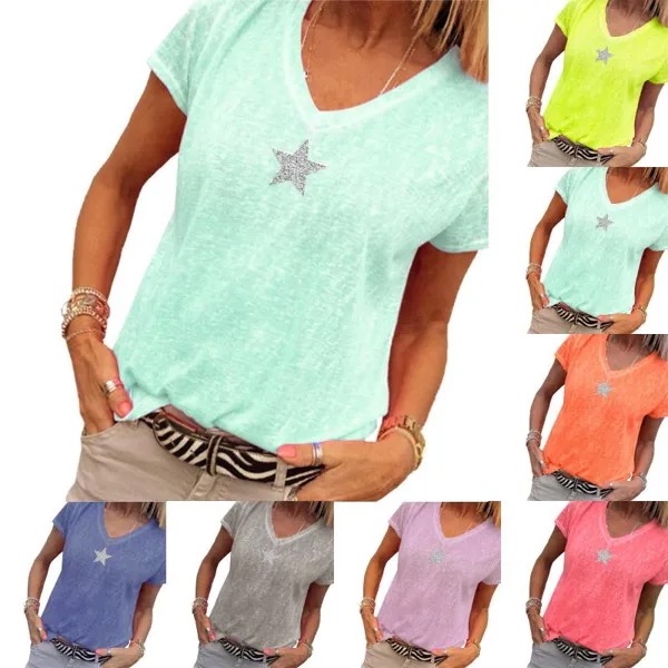 Женщины короткий рукав Vneck звезда печатных Tshirt потерять случайных вязаные топы слуг пиджаки лето