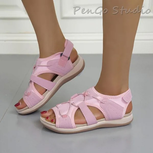 Летний круглый носок повседневная обувь Velcro плоские легкие дышащие сандалии женская обувь