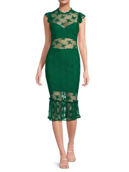 Кружевное платье миди с иллюзионным вырезом Bebe, зеленый