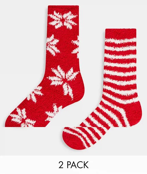 Набор из 2 пар пушистых носков красного цвета со снежинками и в полоску Loungeable-Красный