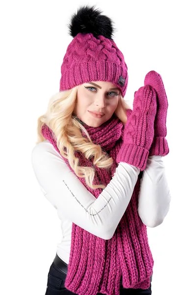 Комплект (шапка+шарф+варежки) женский Jagga 1504 розовый ONE SIZE