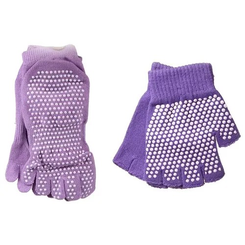 Носки противоскользящие для занятий йогой, фиолетовый и перчатки противоскользящие для занятий йогой, фиолетовый