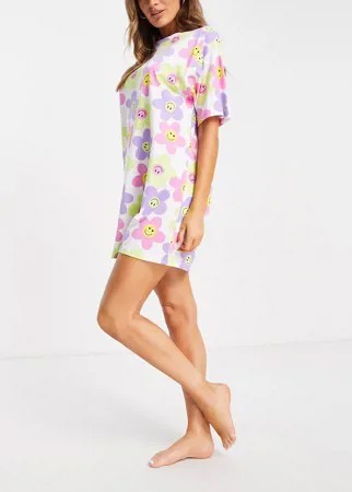 Разноцветная oversized-футболка для сна с принтом ромашек ASOS DESIGN-Разноцветный