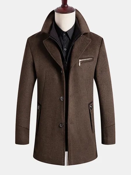 Мужское однотонное шерстяное однобортное деловое повседневное пальто средней длины с лацканами