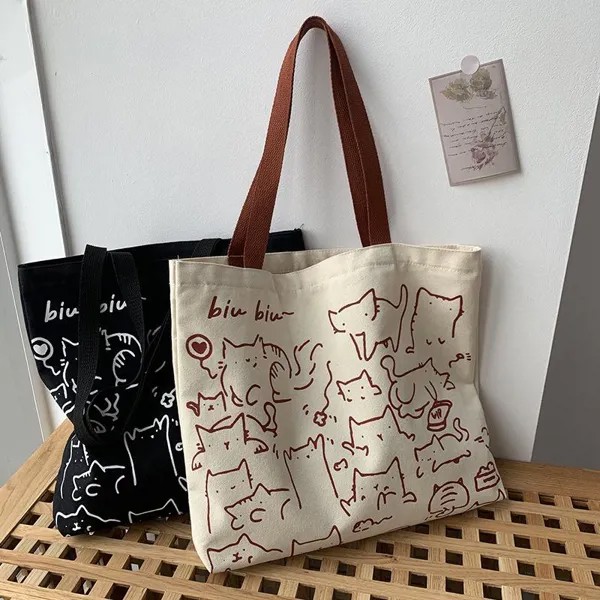 Холщовые сумки Сумочка для женщин-покупателей Симпатичная кошка Сумка-тотализатор с молнией Дизайнерская сумка Японский стиль Мультфильм Маленькие сумки на плечо