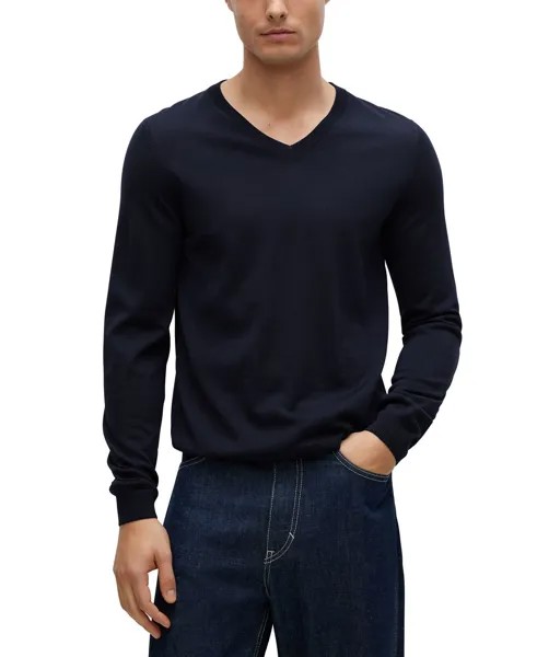 Мужской приталенный свитер с v-образным вырезом boss Hugo Boss, темно-синий