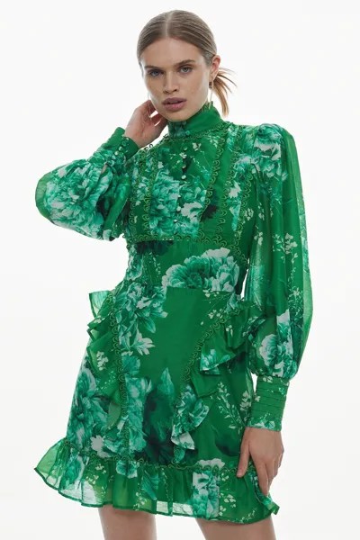 Тканое мини-платье с графической кружевной отделкой и цветочным принтом Karen Millen, зеленый