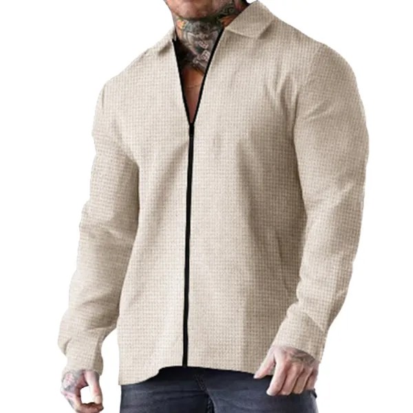 Мужская винтажная вафельная однотонная куртка на молнии с длинным рукавом повседневный кардиган с лацканами