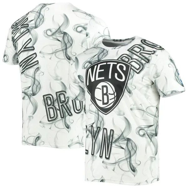 Мужская бело-черная асимметричная футболка Brooklyn Nets Bold Smoke