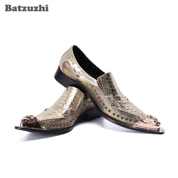 Туфли Batzuzhi мужские золотистые кожаные, заостренный носок, металлический носок, обувь для вечерние ринки и свадьбы! Большой размер