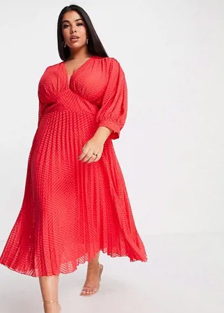 Красное плиссированное платье миди из ткани добби с шевронным узором и рукавами «летучая мышь» ASOS DESIGN Curve-Красный
