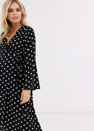 Черное платье в горошек с длинными рукавами и запахом New Look Maternity-Черный