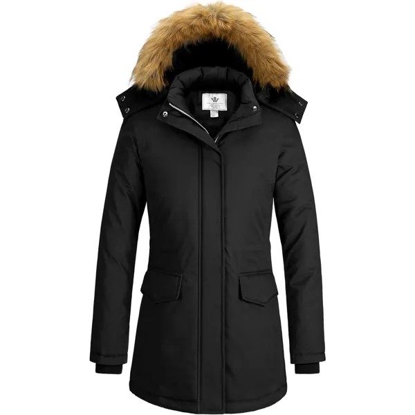 Куртка WenVen Winter Thickened Warm Mid Length Windproof and Waterproof With a Detachable Fur Hat, черный
