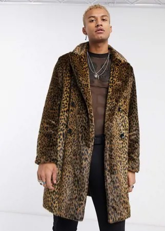 Шуба из искусственного меха с леопардовым принтом ASOS DESIGN-Коричневый