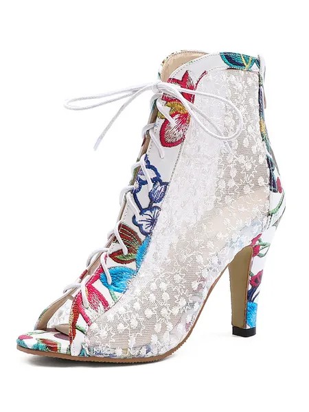 Milanoo Peep Toe Boots Mesh Lace Up High Heel White Booties