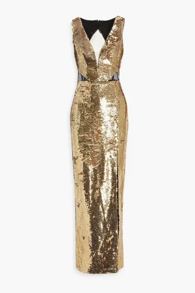 Шифоновое платье с тюлевыми вставками и пайетками Marchesa Notte, золото