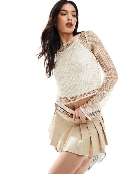 Pull&Bear – Топ, связанный крючком, с завязкой сзади и кремово-белыми украшениями