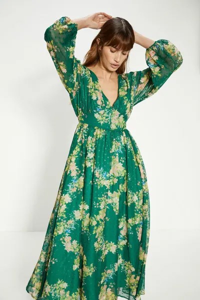 Платье макси с металлизированными пуговицами и цветочным принтом Oasis, зеленый