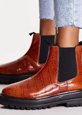 Светло-коричневые кожаные ботинки челси с крокодиловым принтом для широкой стопы ASOS DESIGN Wide Fit Appreciate-Коричневый цвет