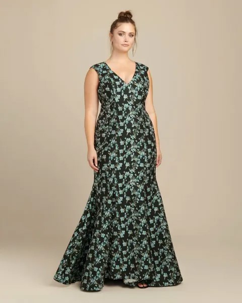 НОВОЕ ZAC POSEN Черно-синее жаккардовое платье с глубоким v-образным вырезом и цветочным принтом в романтическом стиле 16 США
