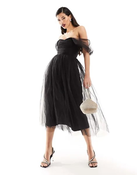 Черное многоярусное платье макси из тюля с открытыми плечами и кружевом и бусинами Lace & Beads