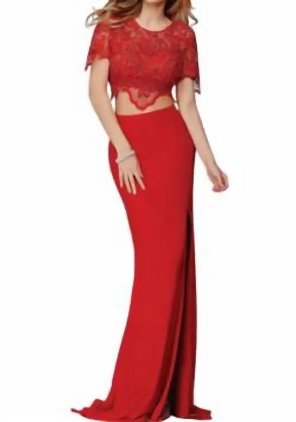 Красный кружевной топ из двух частей с юбкой Jovani, красный
