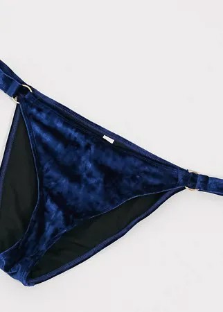 Эксклюзивные бархатные трусы бикини темно-синего цвета из коллекции Fuller Bust с высоким вырезом бедра и отделкой кольцами Wolf & Whistle-Черный цвет