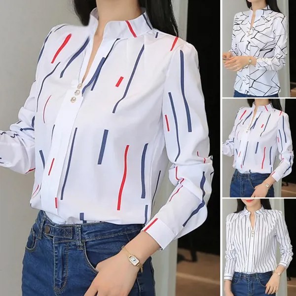 Большой размер Женщины Печатные футболки Женские блузки с длинным рукавом Рабочая топа