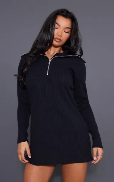 PrettyLittleThing Черное платье-джемпер свободного кроя с высоким воротником и полумолнией в рубчик