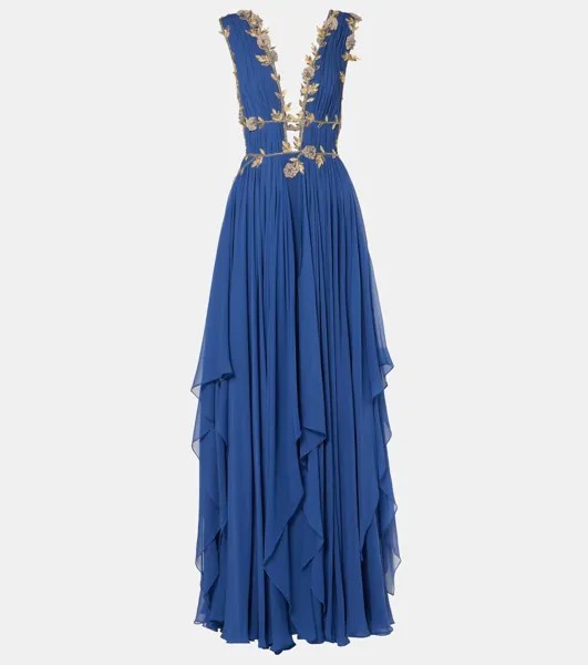 Платье из смесового шелка с отделкой Costarellos, цвет dusty blue 173-gold flowers