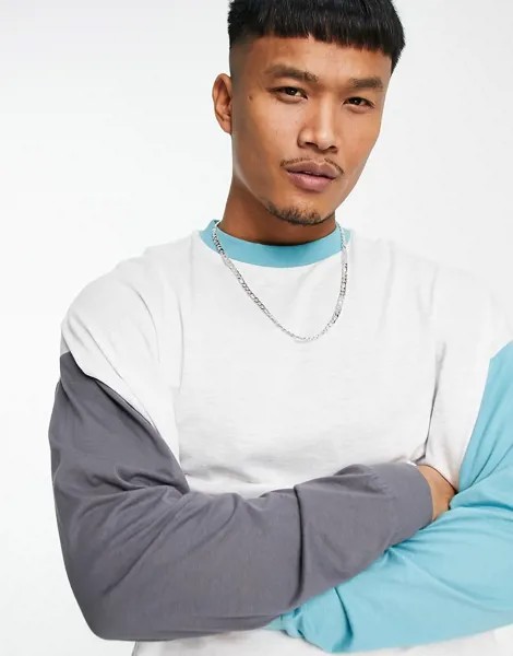 Oversized-лонгслив в стиле колор блок бежевого и серого цветов ASOS DESIGN-Разноцветный