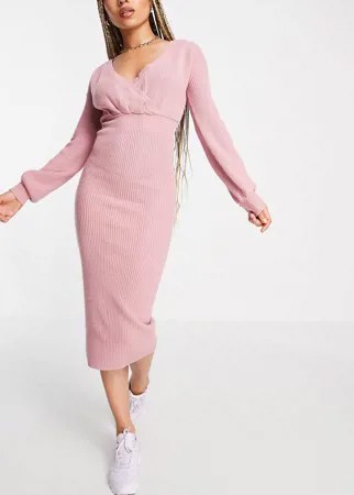 Розовое платье-джемпер с объемными рукавами и V-образным вырезом Skylar Rose-Розовый цвет