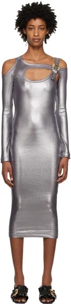 Серебряное платье-миди с пряжкой в ​​стиле барокко Versace Jeans Couture