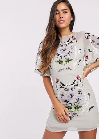 Серое платье мини с расклешенными рукавами и отделкой Frock & Frill-Серый